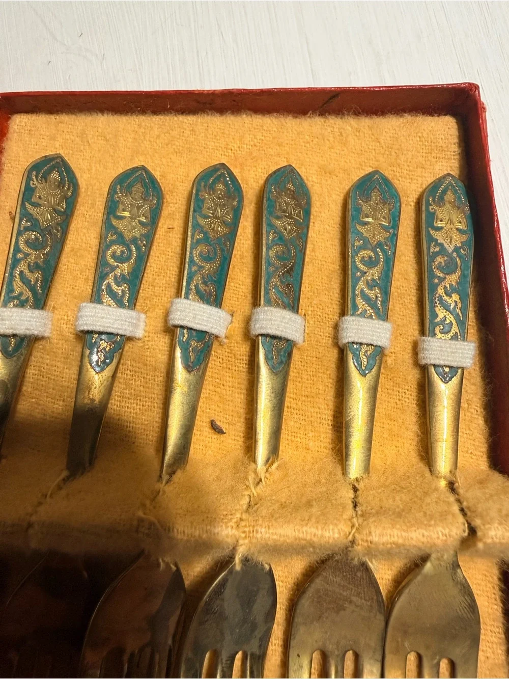 Vintage Brass Dessert Fork Set with Teal Floral Handles